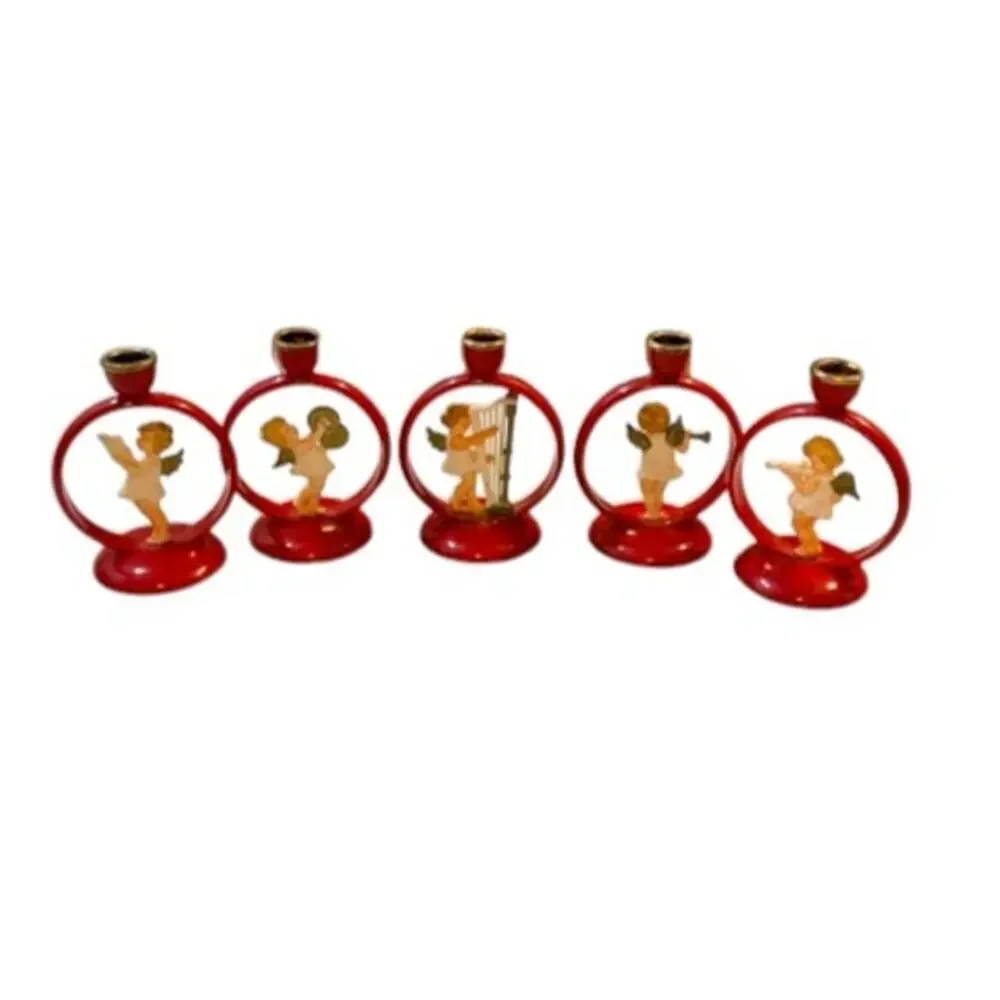 Vintage West German Celluloid Angel Candle Holders Set 5 Red Christmas Choir